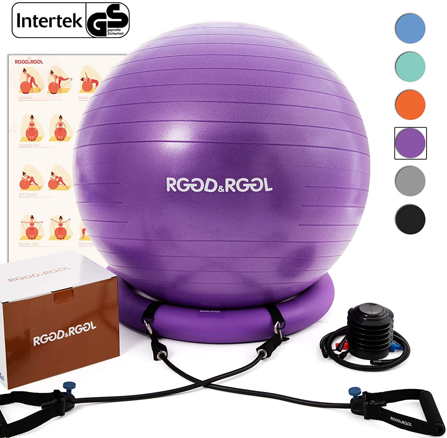 RGGD&RGGL Yoga Ball Chair, Exercise Ball with Leak-Proof Design, Stability Ring&2 Adjustable Resistance Bands for Any Fitness Level, 1.5 Times Thicker Swiss Ball for Home&Gym&Office&Pregnancy (65 cm)